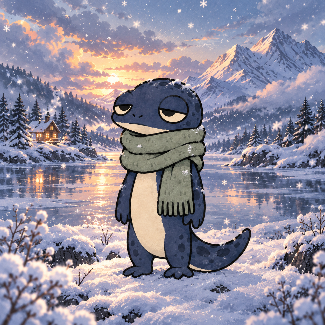 Snowt, a sleepy blue spotted newt in a sage scarf beside a snowy mountain lake