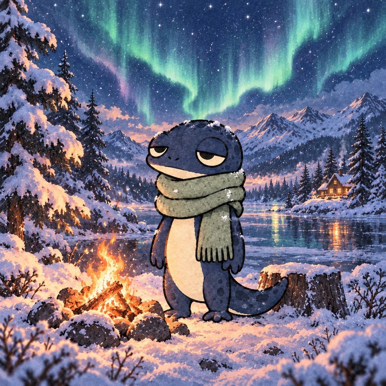 Snowt beneath the northern lights by a campfire