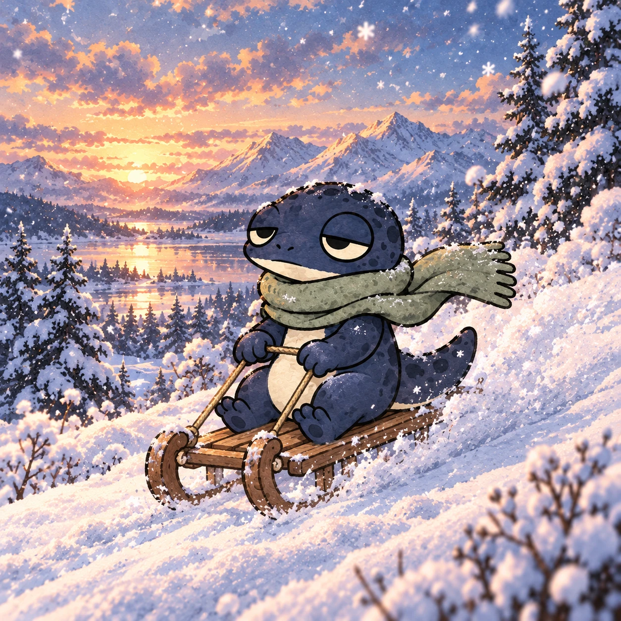 Snowt riding a wooden sled down the snow
