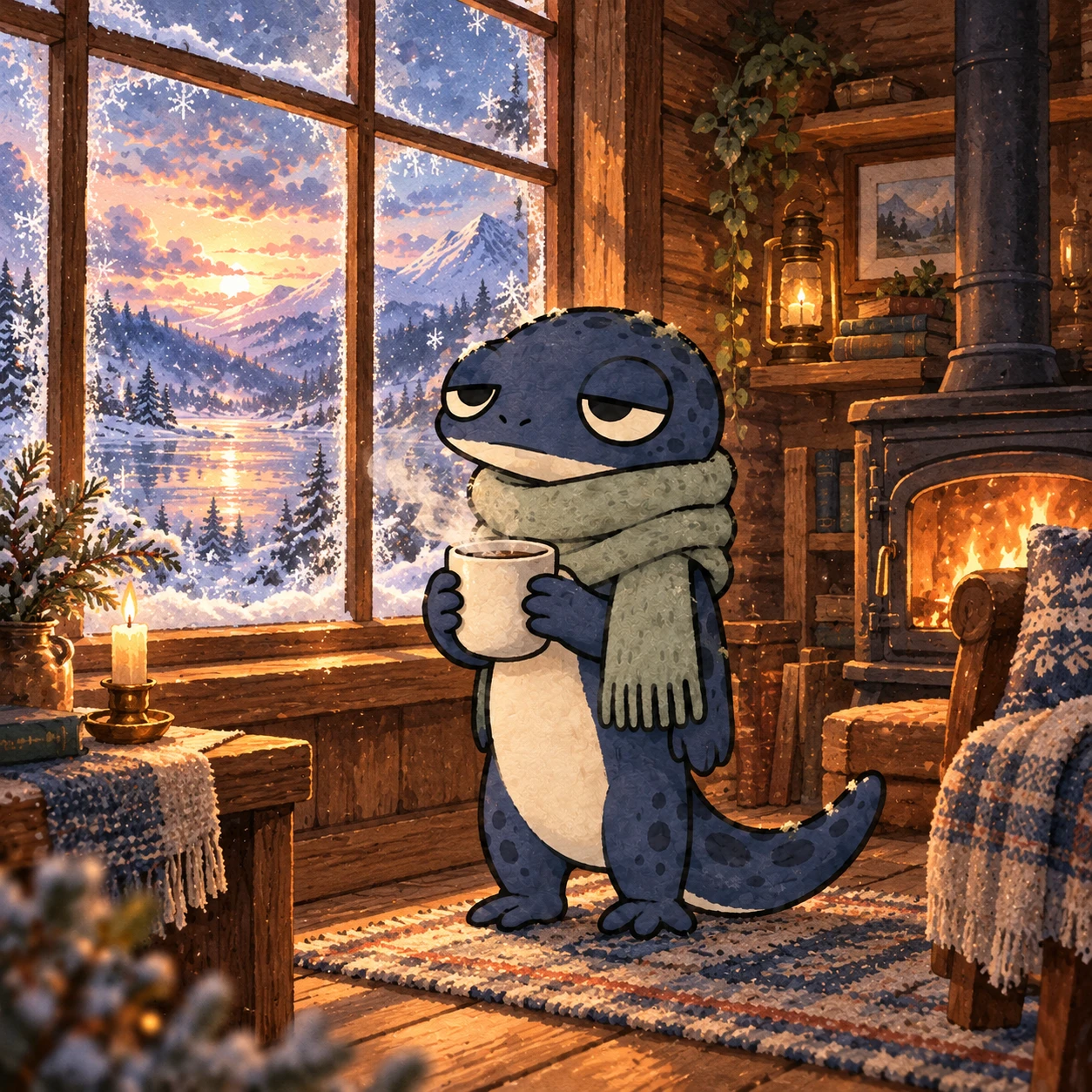 Snowt with a warm mug inside a cozy cabin
