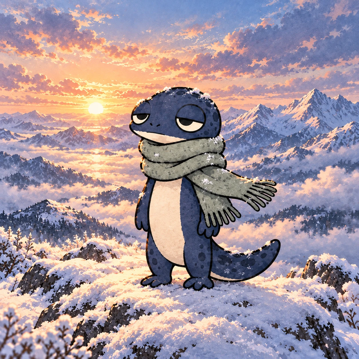 Snowt enjoying the sunrise on a snowy summit